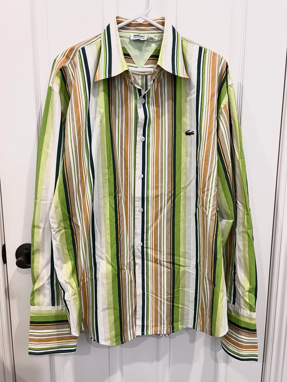 Lacoste Men’s Multi-Stripe Long-Sleeve Button-Down Shirt in Green, White, Tan